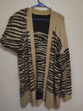 Lane Bryant Beige and Black Zebra-Print Open Cardigan